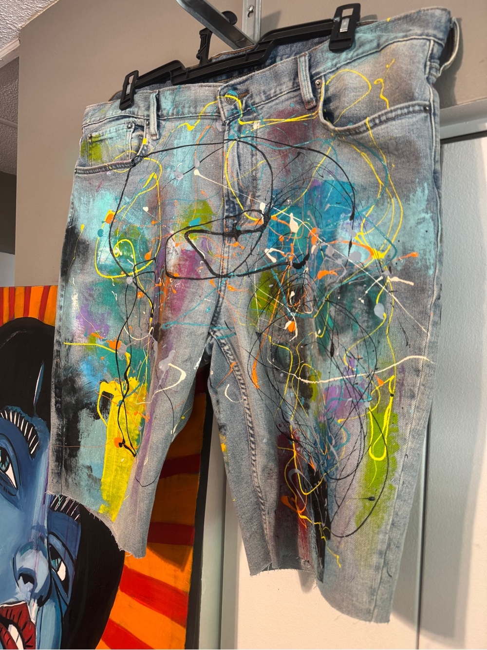 Old Navy Hand Painted Denim Jorts Splatter Vibrant Abstract Shorts 40 x 12 - Picture 10 of 12